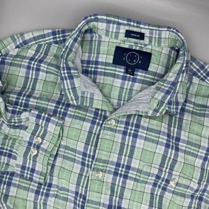 EVEN TIDE Shirt Mens XXL Green Blue Plaid 100% Cotton‎ Double Layer Long Sleeve